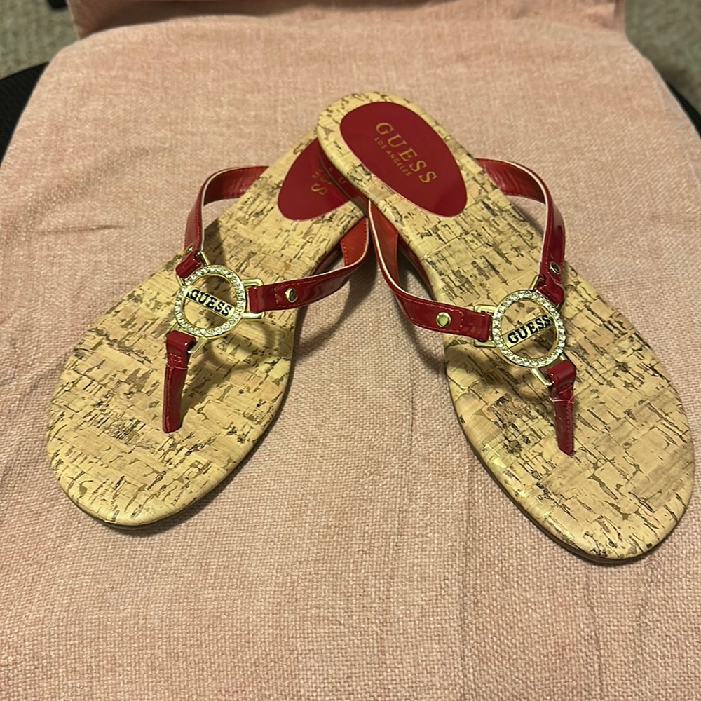 Guess Red Cork-Print Thong Sandals, size 9. Like new condition. Never worn by me